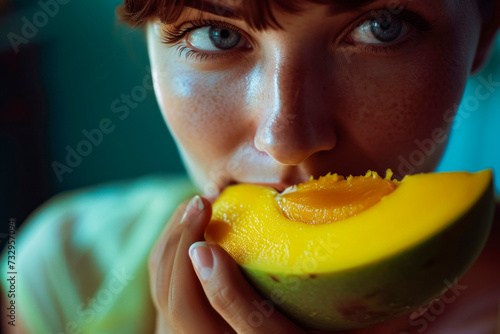 Young woman eating tropical fruit, oragnic food photo