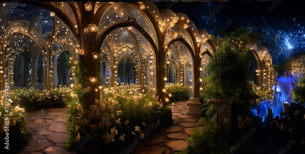 view of the city, Art Noumea Garden at night with gold arches