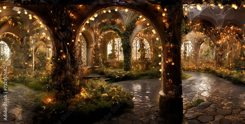 bridge over the river, Art Noumea Garden at night with gold arches - obrazy, fototapety, plakaty 