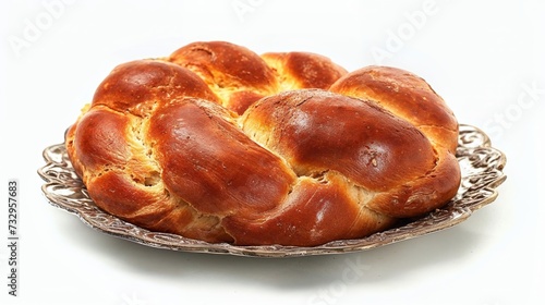 Challah braid, round sweet bread brioche isolated on white  photo