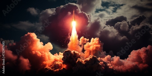 The spaceship hangs in midair, fiery propulsion propelling it onward, piercing through the clouds against the backdrop of the night sky as it embarks on its journey into the depths of space.