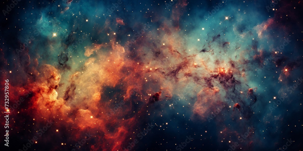 In the vast expanse of deep space, a colorful nebula paints a breathtaking tableau, its vibrant hues mingling with the brilliance of countless stars to create a truly beautiful cosmic vista. - obrazy, fototapety, plakaty 