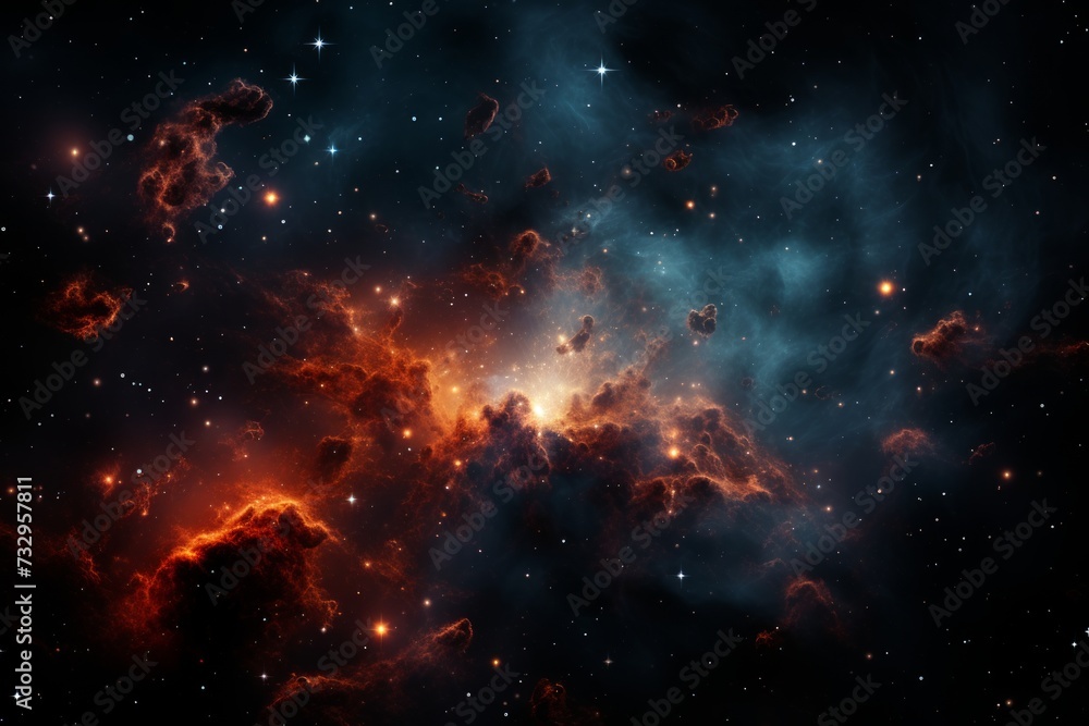 Deep within the expanse of space, a beautiful nebula casts its ethereal glow, surrounded by a myriad of stars, forming a celestial tapestry that mesmerizes with its cosmic splendor.