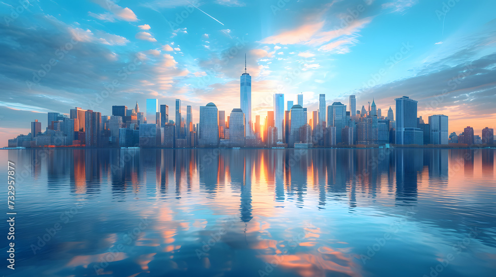 Sunset over Manhattan: Urban Skyline and Water Reflections Sunset over Manhattan: Urban Skyline and Water Reflections