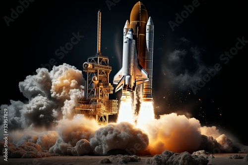 During the lift-off moment, the space shuttle ignites its fiery engines, marking the commencement of its celestial journey into the unknown depths of space.