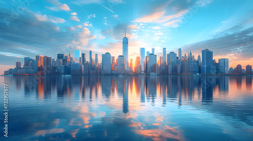 Sunset over Manhattan  Urban Skyline and Water Reflections