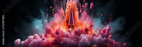 In the illustration, a rocket launches with a powerful lift-off, unleashing a colorful blast that radiates outward, capturing the excitement of space exploration in a vibrant display of motion.