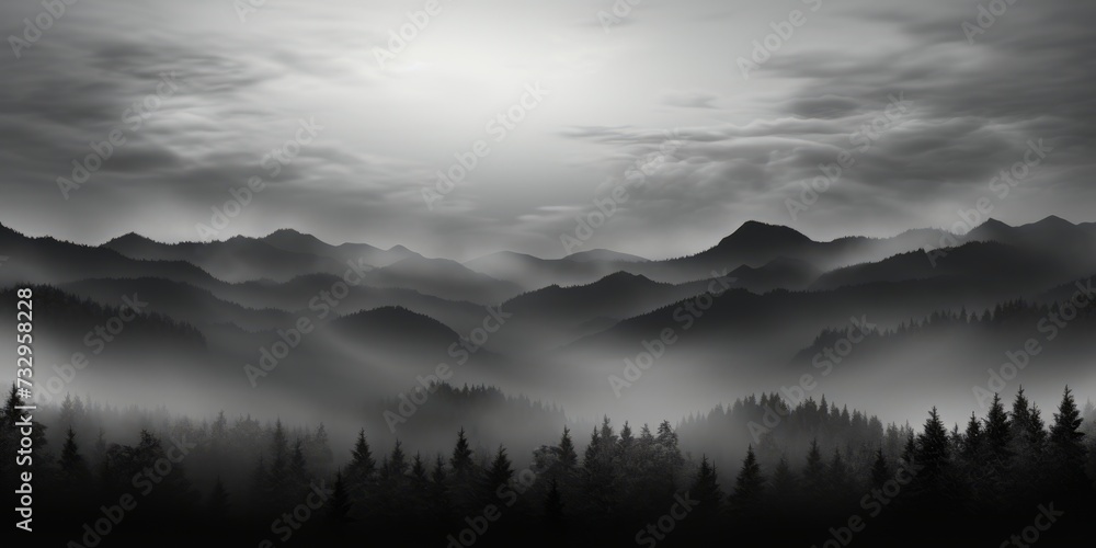 A black and white photo captures the silhouette of mountains shrouded in morning mist, enveloped in a veil of ethereal beauty that lends an air of tranquility to the serene landscape.