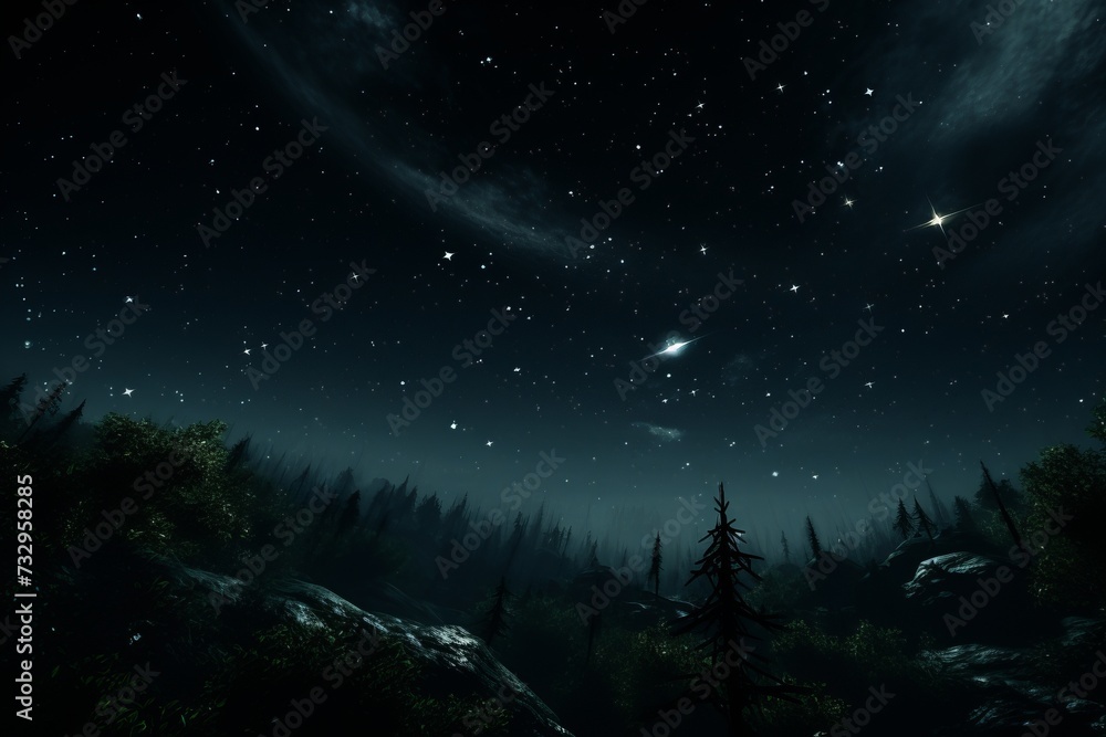 From within the depths of a thick forest, the starry night sky stretches overhead, its canopy of twinkling stars casting a mesmerizing glow.