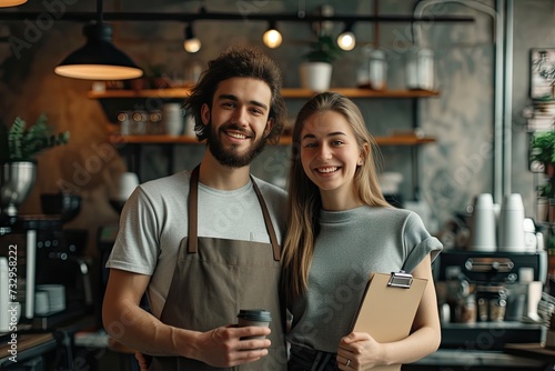 Heartwarming portrait of man and woman possibly couple running cozy coffee shop with passion and dedication bright smiles and aprons commitment to providing excellent service and high quality coffee