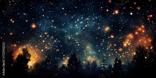 Above the dense forest, an abstract night sky twinkles with countless stars, creating a mesmerizing tapestry of celestial beauty that stretches across the heavens.