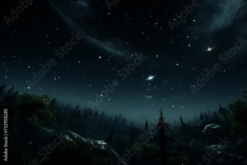 From within the depths of a thick forest  the starry night sky stretches overhead  its canopy of twinkling stars casting a mesmerizing glow.