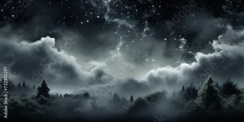 Thick clouds hang low over the forest, yet numerous stars punctuate the surreal night sky, casting an ethereal glow that illuminates the landscape with a dreamlike quality.