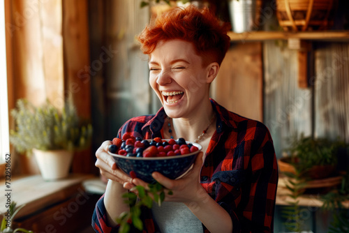 Redhead Woman Relishing Berries, Rustic Kitchen Cheer, Morning Bliss