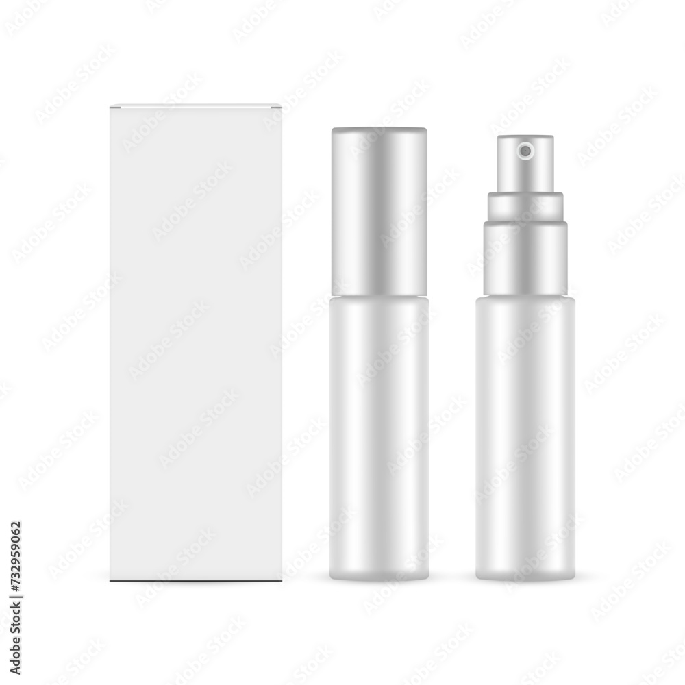 Small Plastic Spray Bottle With Metallic Cap, Paper Packaging Box, Front View, Isolated On White Background. Vector Illustration Small Plastic Spray Bottle With Metallic Cap, Paper Packaging Box, Front View, Isolated On White Background. Vector Illustration