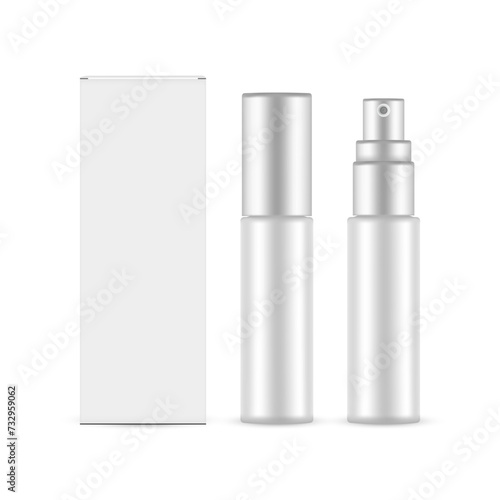 Small Plastic Spray Bottle With Metallic Cap, Paper Packaging Box, Front View, Isolated On White Background. Vector Illustration