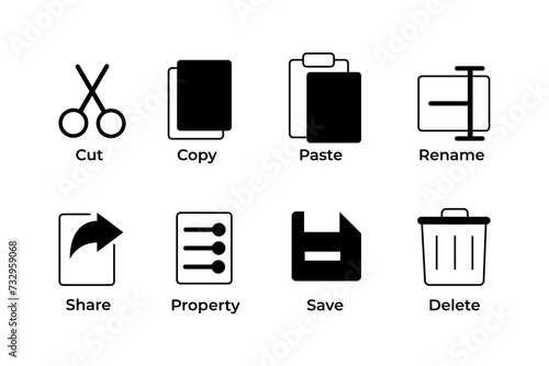 Cut, copy, paste, rename, share, save and delete icon symbol collection in line and glyph style photo