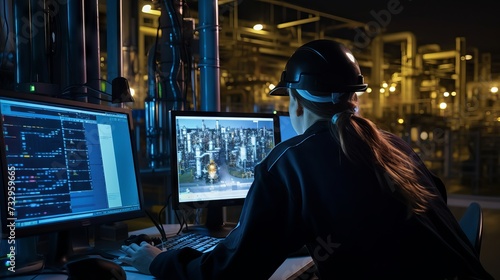 Woman petrochemical engineer inspecting oil and gas refinery plant with laptop at night