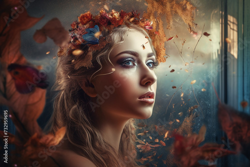 Nature, states of mind, fine art concept. Beautiful woman and nature connection surreal portrait illustration