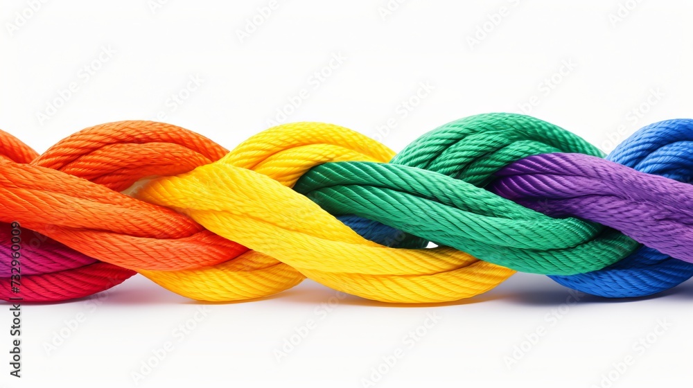 Colorful ropes braided together on white background. Symbol of unity, diversity, and teamwork. Colorful ropes braided together on white background. Symbol of unity, diversity, and teamwork.