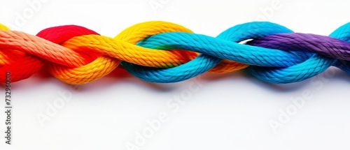 Colorful ropes braided together on white background. Symbol of unity, diversity, and teamwork.