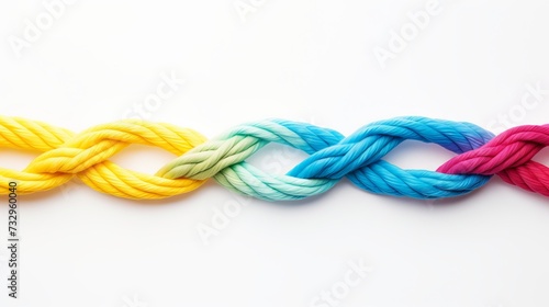 Colorful ropes braided together on white background. Symbol of unity, diversity, and teamwork.