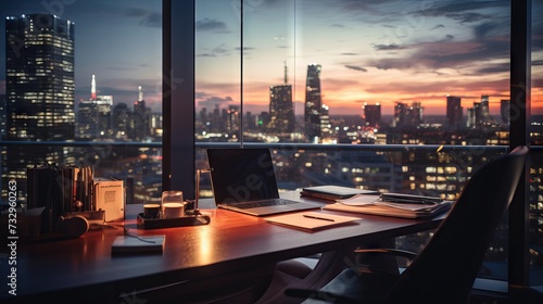 Morning sunlight and bokeh in a modern business office room with a view of the urban city skyline