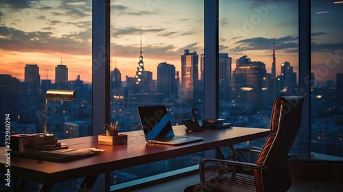 Morning sunlight and bokeh in a modern business office room with a view of the urban city skyline © Ameer
