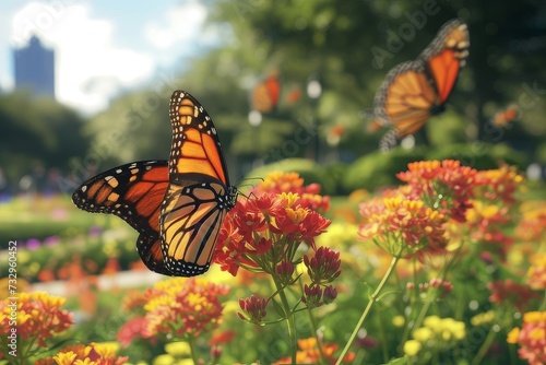 Butterflies flying over colorful blooming flowers in a city park © Nadzeya
