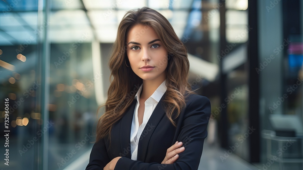 Closeup portrait of confident female banker in modern office building Closeup portrait of confident female banker in modern office building