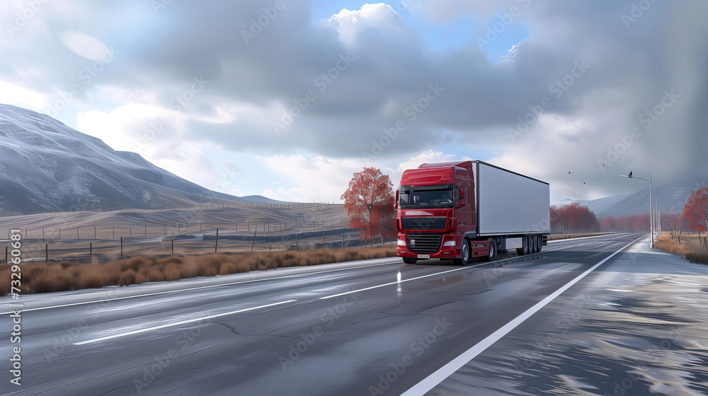 Truck with container on the highway, cargo transportation concept Truck with container on the highway, cargo transportation concept