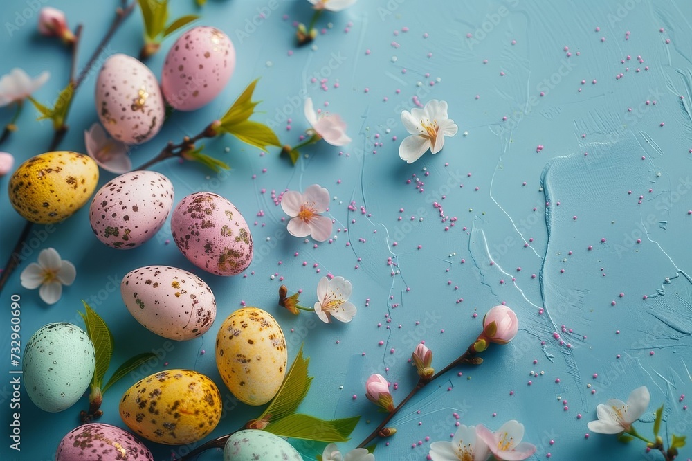 Painted Easter eggs and branches of spring flowers