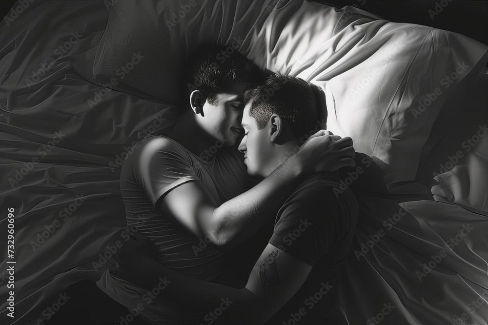 Homosexual male couple caressing in bed in bedroom Homosexual male couple caressing in bed in bedroom