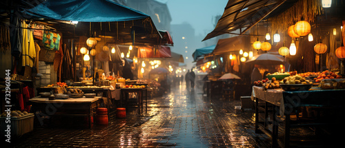 a many lanterns hanging over a wet street in the rain