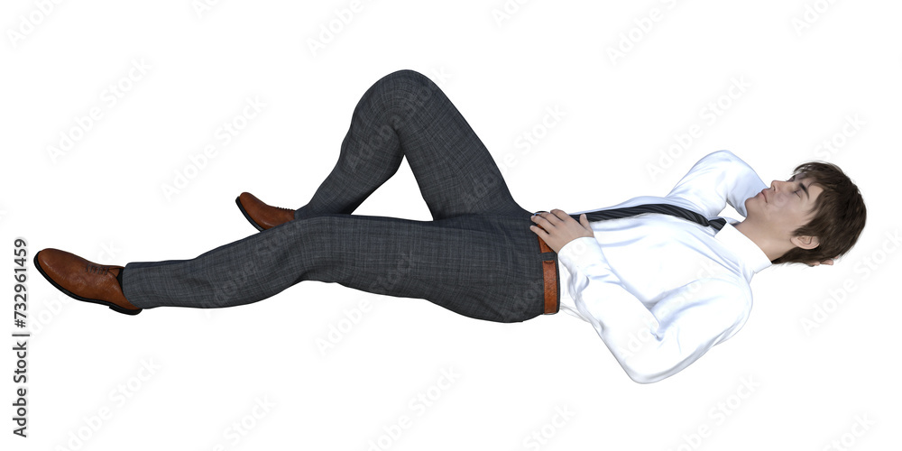 腕枕で仰向けで眠るビジネスマン男性のイラスト 3Dモデルの全身横向きリアルな 腕枕で仰向けで眠るビジネスマン男性のイラスト 3Dモデルの全身横向きリアルな