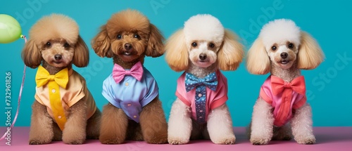 Poodle puppies in colorful costumes celebrating birthday party on solid background