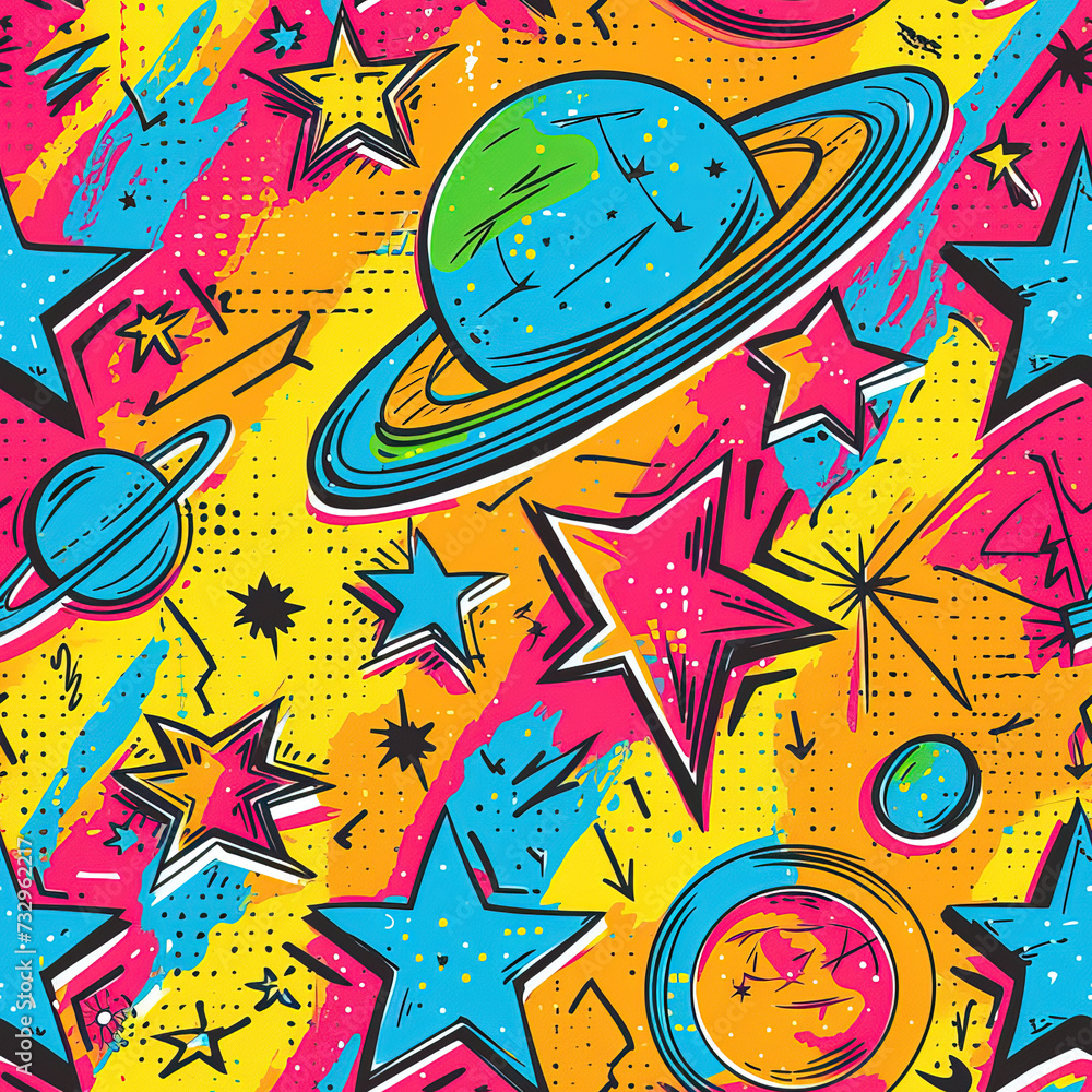 Space and planets colorful minimal cartoon pop art repeat pattern Space and planets colorful minimal cartoon pop art repeat pattern