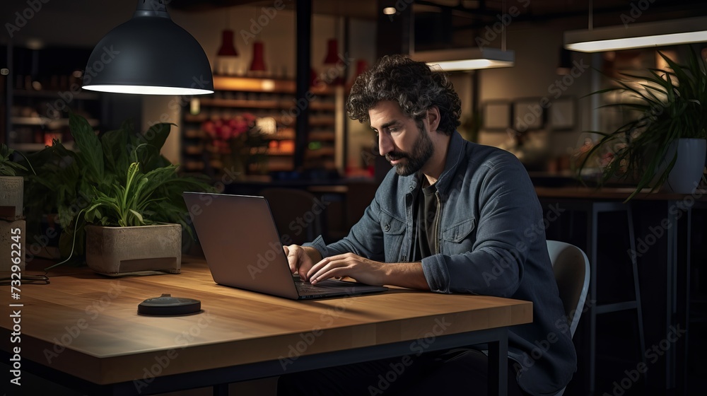 Freelance worker using laptop in modern office with artificial intelligence technology