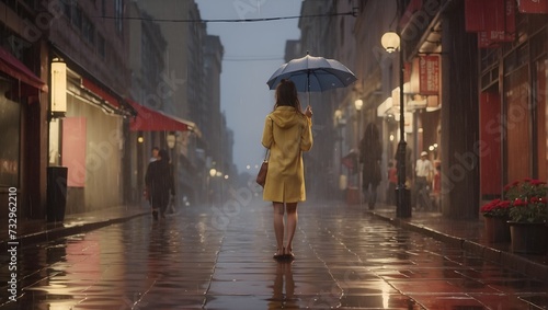 Girl in yellow with black umbrella walking through the rainy streets of london