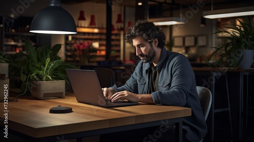 Freelance worker using laptop in modern office with artificial intelligence technology