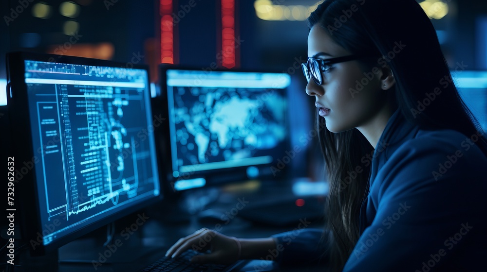 Focused female software engineer analyzes data server and blockchain network in state-of-the-art monitoring control room with IT team and digital screens Focused female software engineer analyzes data server and blockchain network in state-of-the-art monitoring control room with IT team and digital screens