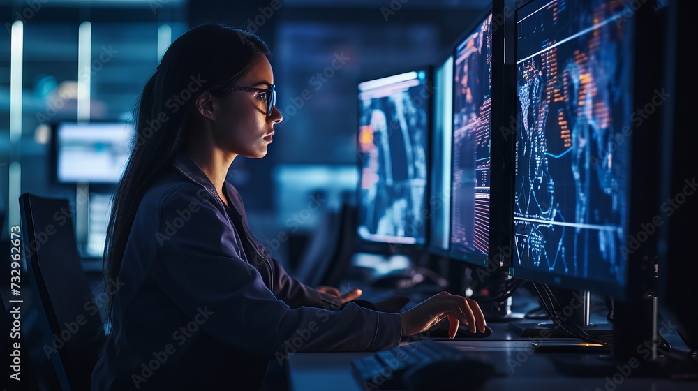 Focused female software engineer analyzes data server and blockchain network in state-of-the-art monitoring control room with IT team and digital screens Focused female software engineer analyzes data server and blockchain network in state-of-the-art monitoring control room with IT team and digital screens