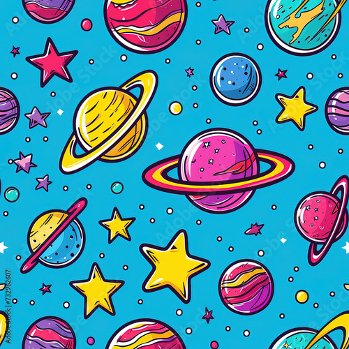 Space and planets colorful minimal cartoon pop art repeat pattern
