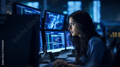Focused female software engineer analyzes data server and blockchain network in state-of-the-art monitoring control room with IT team and digital screens