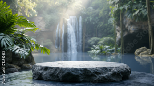 Empty product podium from rock. Cylinder stand concept. Blurred Bali nature with waterfall background, beauty skincare, technology products display.