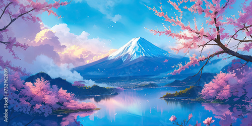 Mt Fuji  Mount Fujis landscape in Japan  Japanese famous tourism travel destination  cartoon anime style illustration landscapes background  generated ai