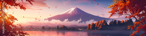 Mt Fuji, Mount Fujis landscape in Japan, Japanese famous tourism travel destination, cartoon anime style illustration landscapes background, generated ai photo