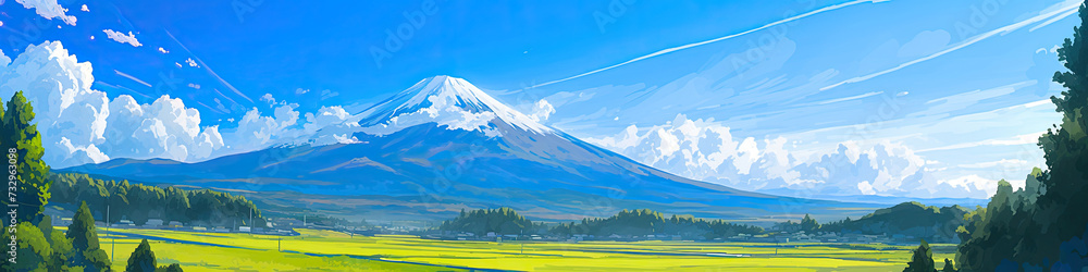 Obraz premium Mt Fuji, Mount Fujis landscape in Japan, Japanese famous tourism travel destination, cartoon anime style illustration landscapes background, generated ai