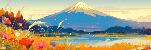 Mt Fuji, Mount Fujis landscape in Japan, Japanese famous tourism travel destination, cartoon anime style illustration landscapes background, generated ai photo