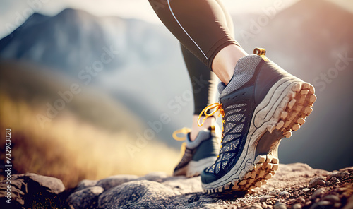 Running sneaker shoe sole on hard rocky terrain on mountain path during ultra trail marathon race, athletic man, trained legs during workout outdoors.